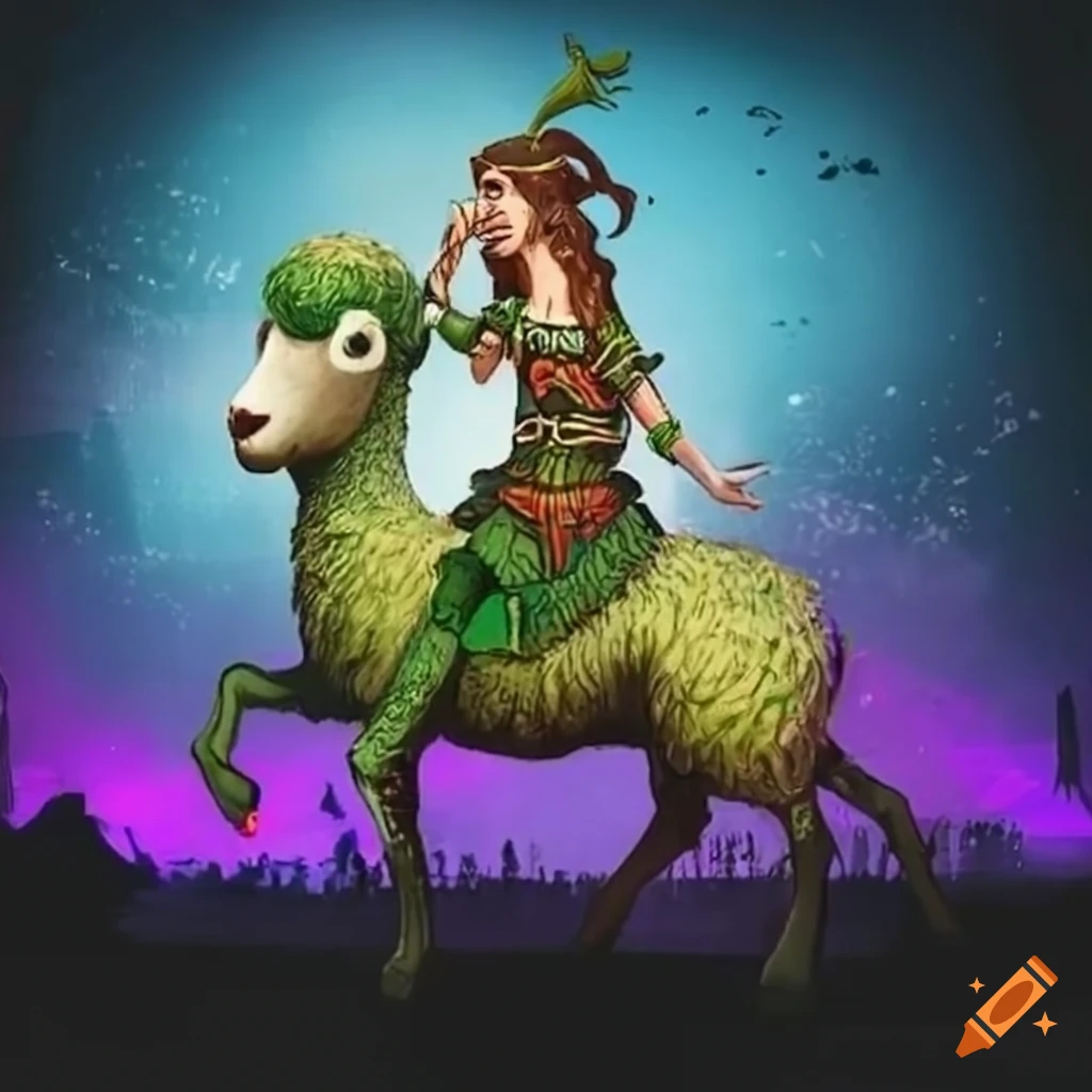 illustration of a celtic person riding a sheep at a rave