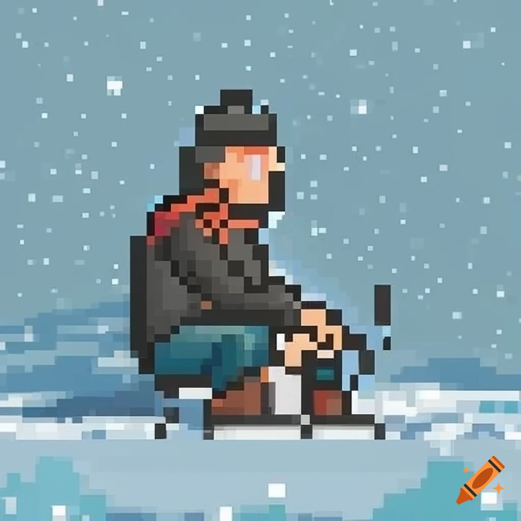 pixel art of a man ice fishing in winter