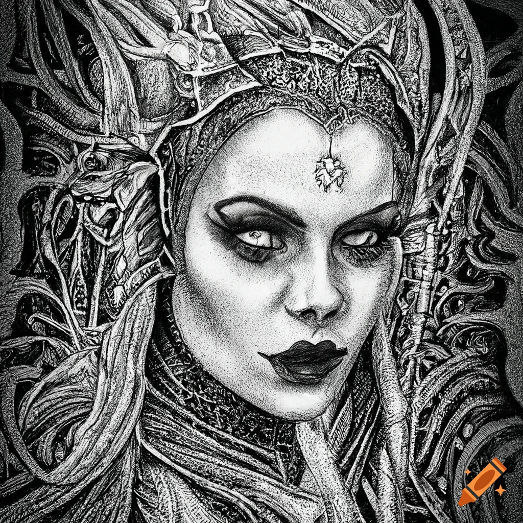 Black and white pen and ink illustration of a sorceress