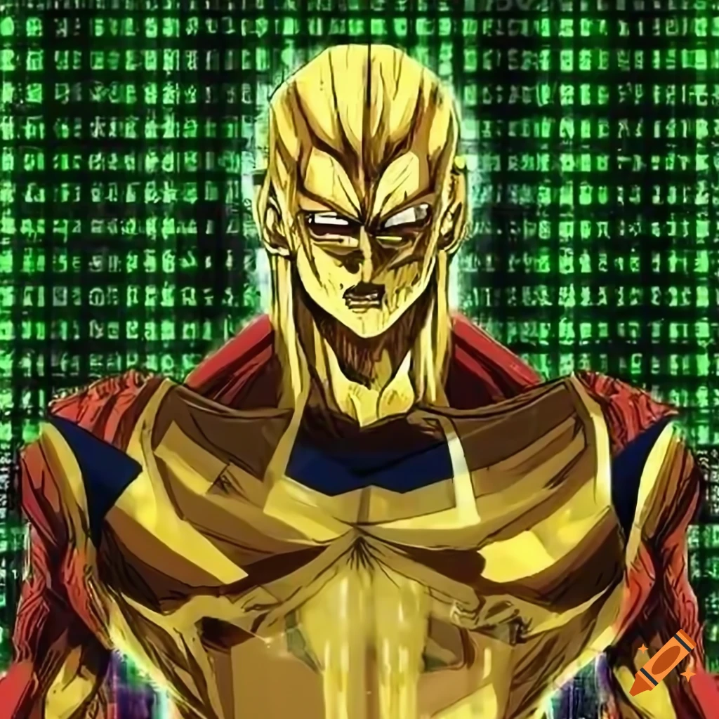 artwork of a gold titan with Goku-inspired hair in a matrix background