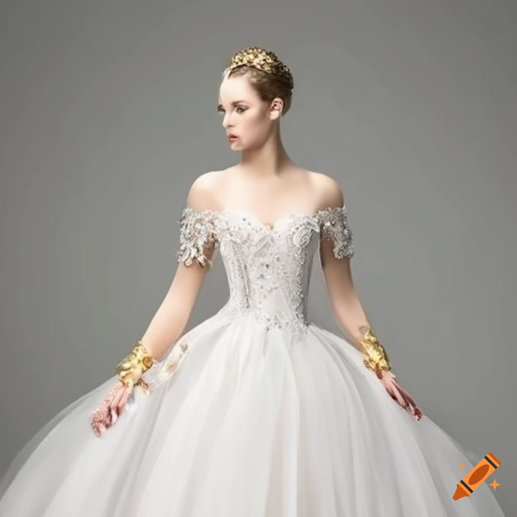elegant white ballgown with gold trim and silver accents