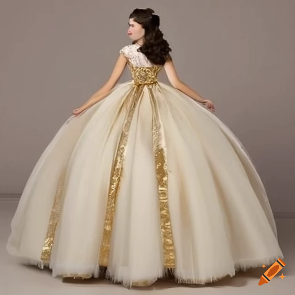 elegant puffy cream ballgown with gold trim