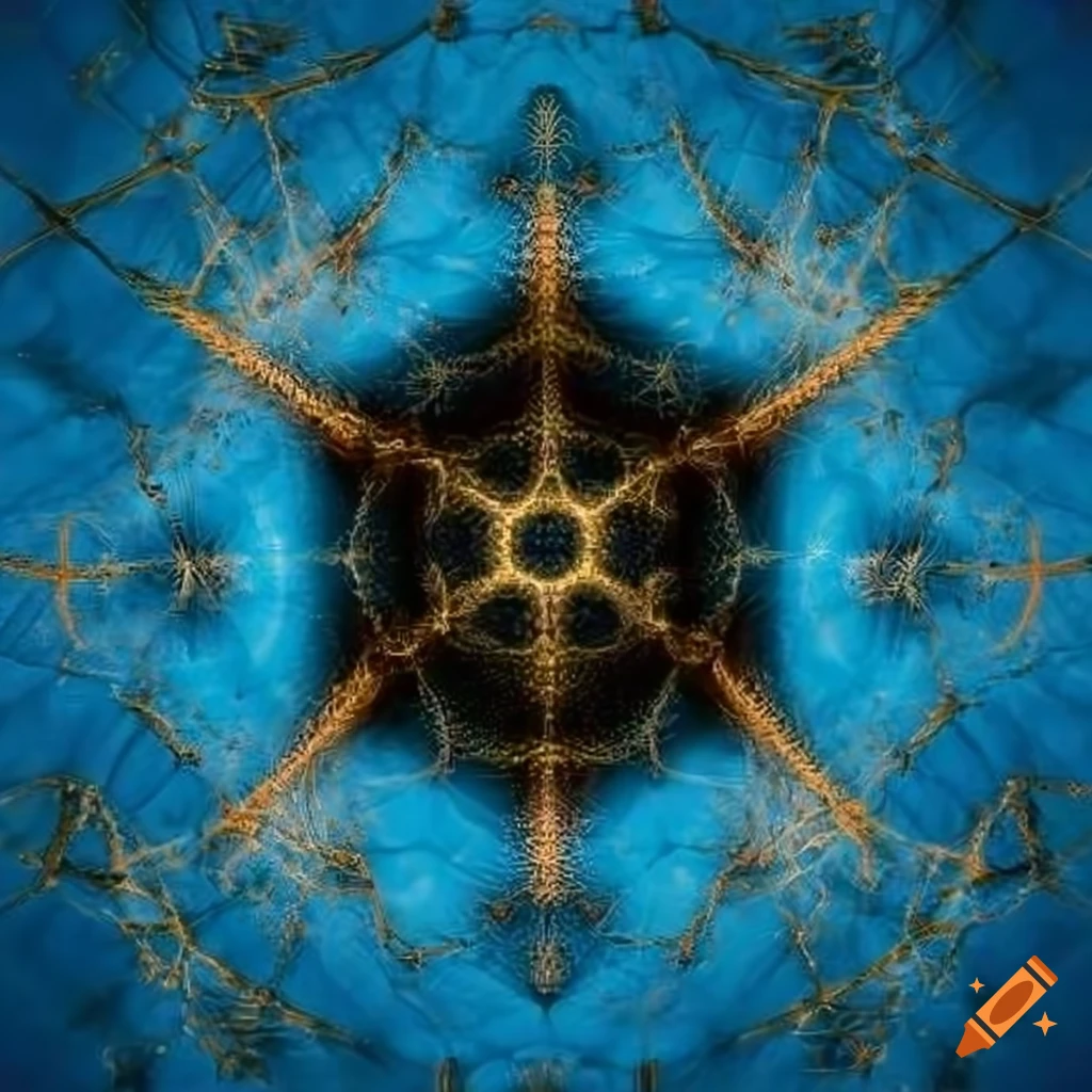 fractal dodecahedron in black and gold fibers on blue background