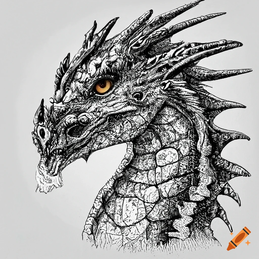 Black and white dragon illustration in pen and ink on Craiyon