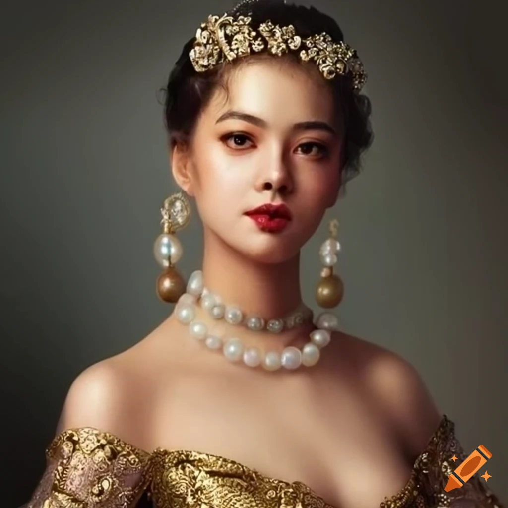 glamorous portrait of a woman in a silk gown with pearls