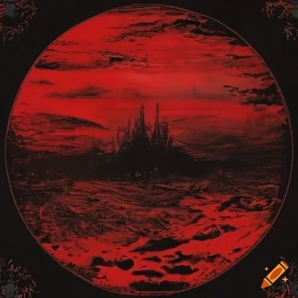 red, black and white eerie album cover with disfigured landscape