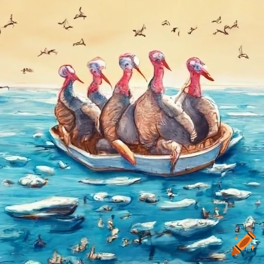 satirical image of frozen turkeys floating in a harbor