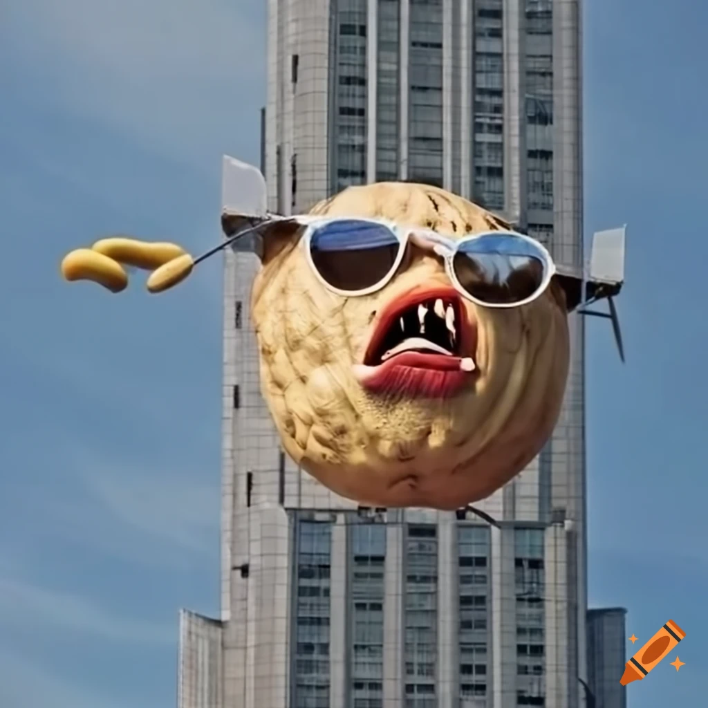 surreal image of a giant angry peanut on a skyscraper