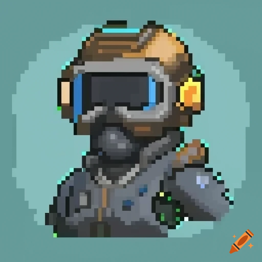 Pixel art of a futuristic pilot with a helmet