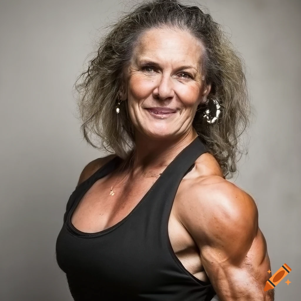 Portrait of a mature female bodybuilder flexing her biceps on Craiyon