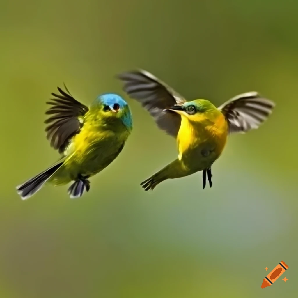 two green warblers flying together