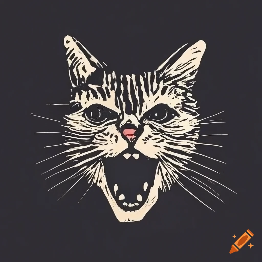 Minimalist linocut-style angry cat face