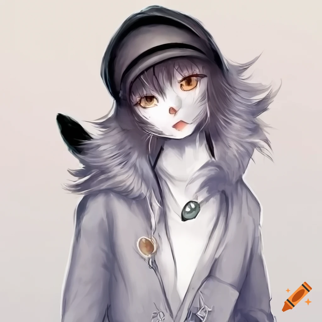 anthropomorphic white cat with spooky hairstyle and stylish outfit
