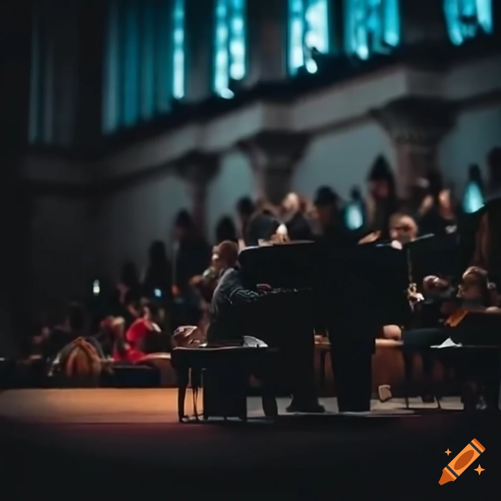 pianist performing in a packed concert hall