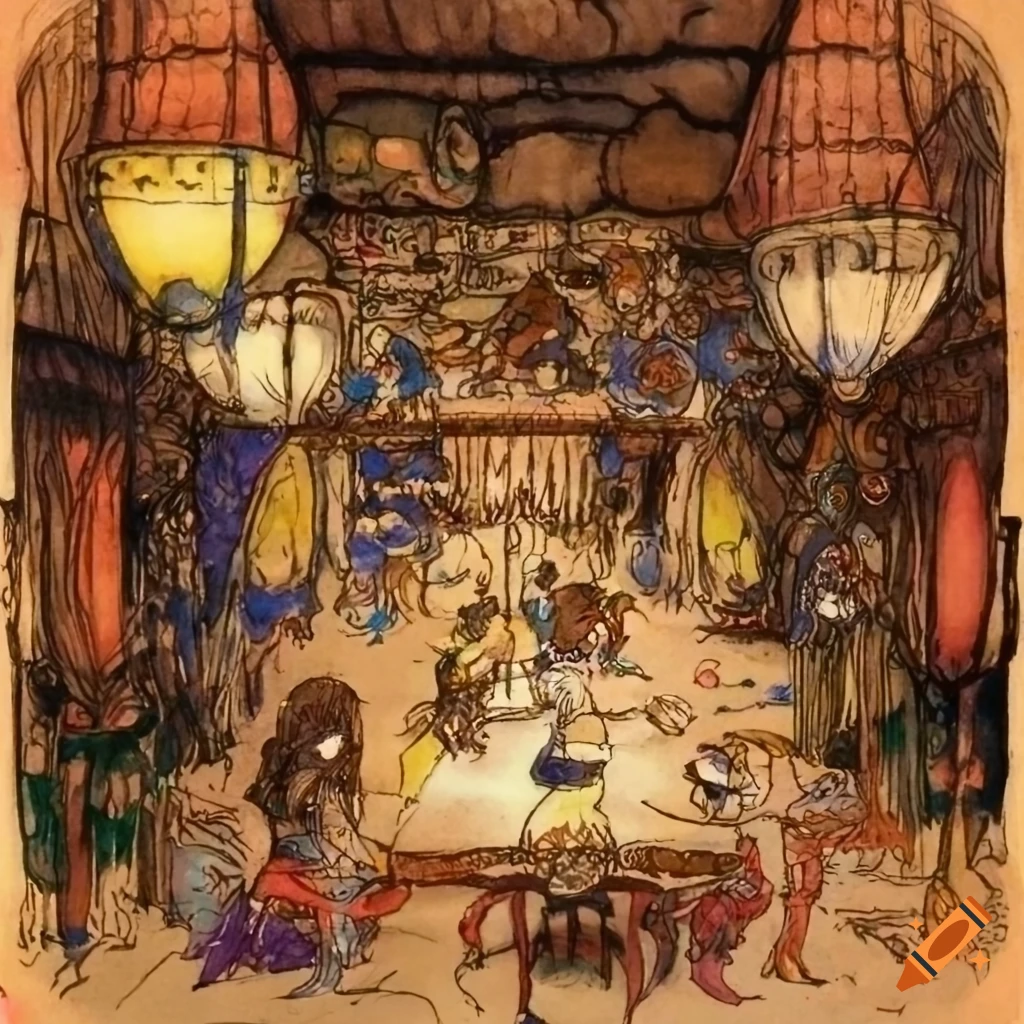 Final Fantasy cantina concept art by Yoshitaka Amano