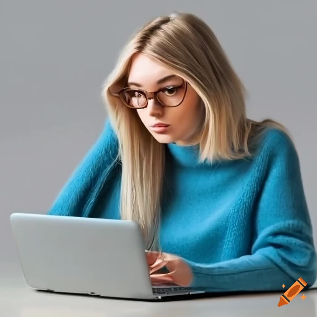 woman working on laptop at desk in blue sweater