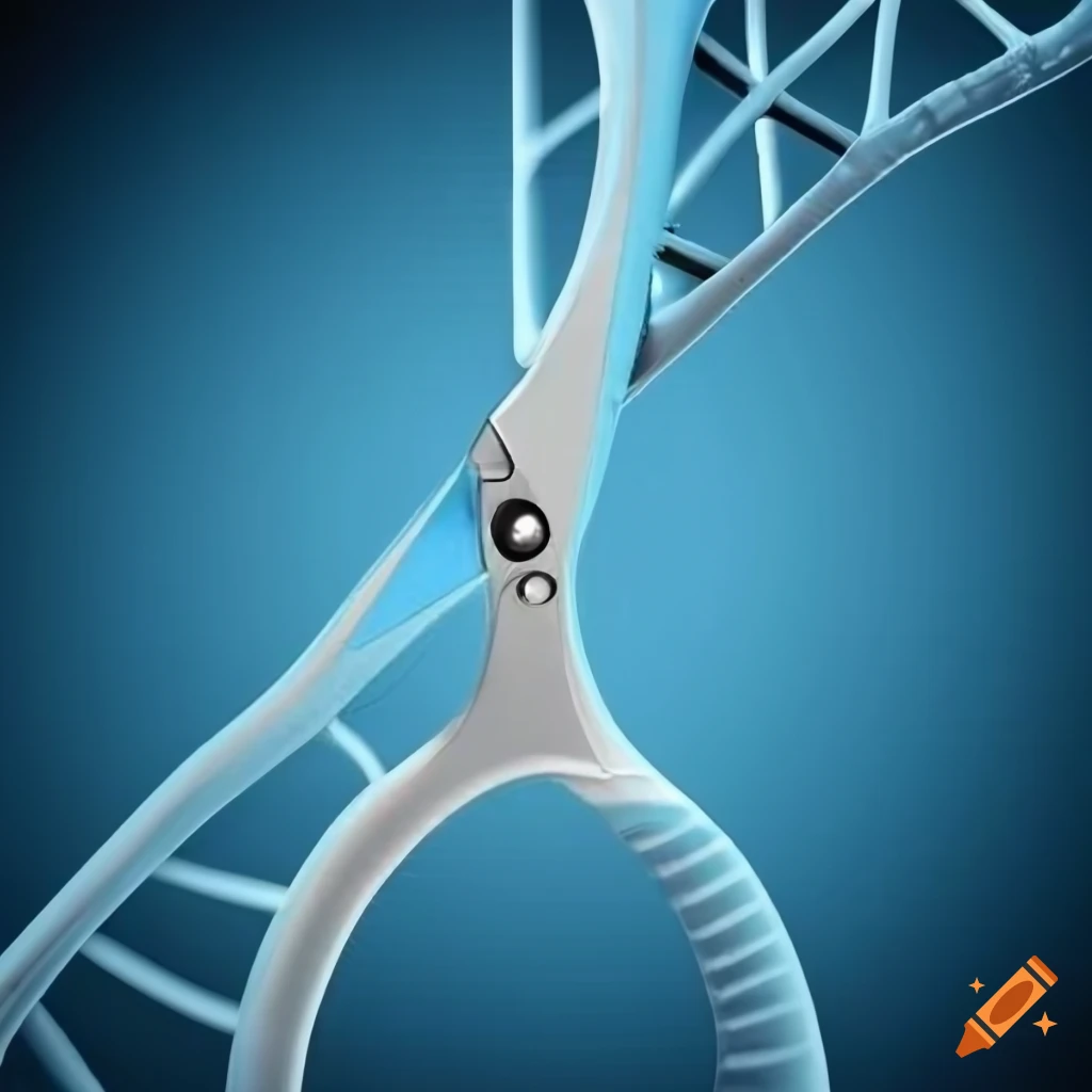 blue background with scissors and DNA strands