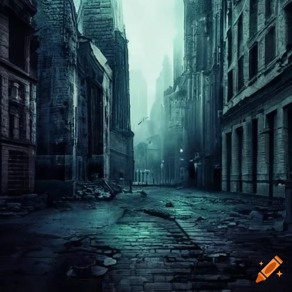 gothic city street with ruined skyscrapers