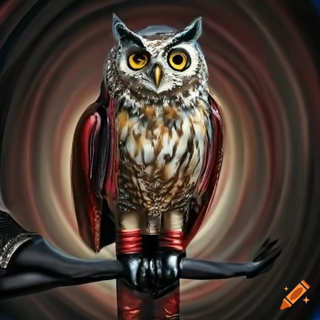 photorealistic owl in Thriller outfit near a time vortex