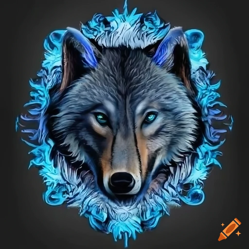 Detailed blue wolf emblem on black background on Craiyon