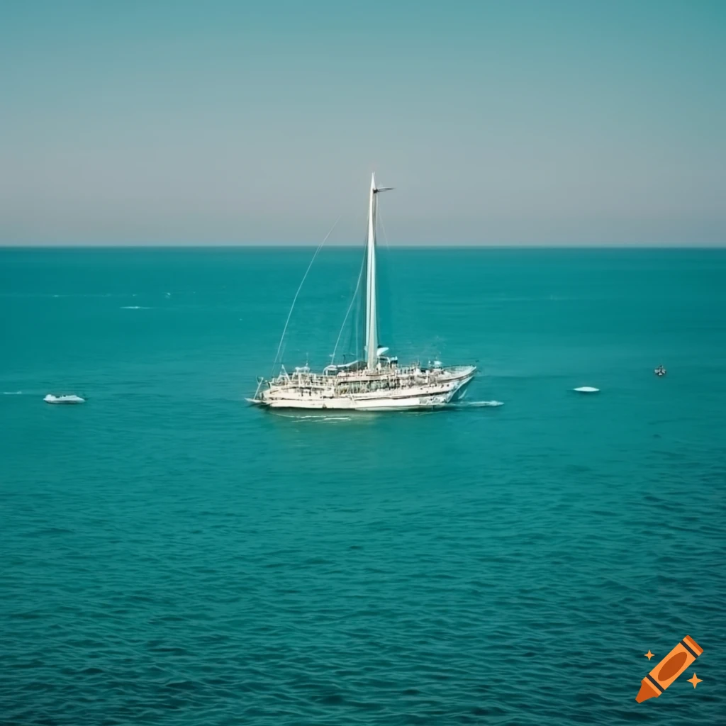 bird's eye view of a white sailboat in a teal ocean