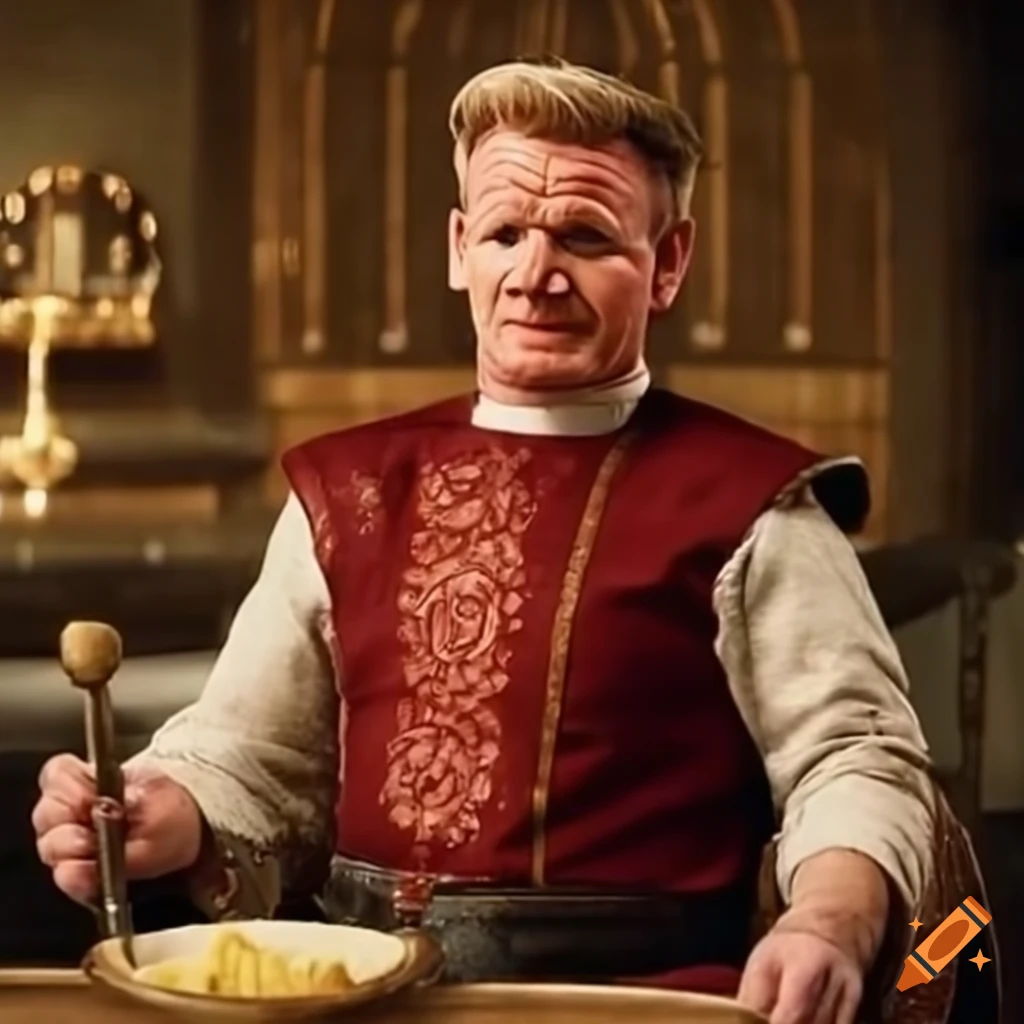Gordon ramsay as a gnome wearing a large chef hat and using a frying pan as  a sword on Craiyon