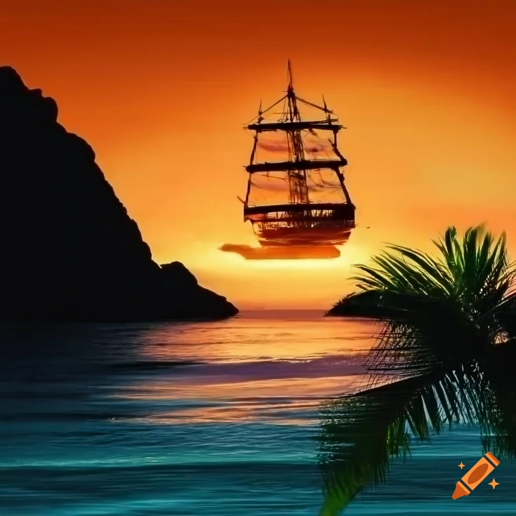 sunset with a pirate ship on the horizon and palm trees on the beach