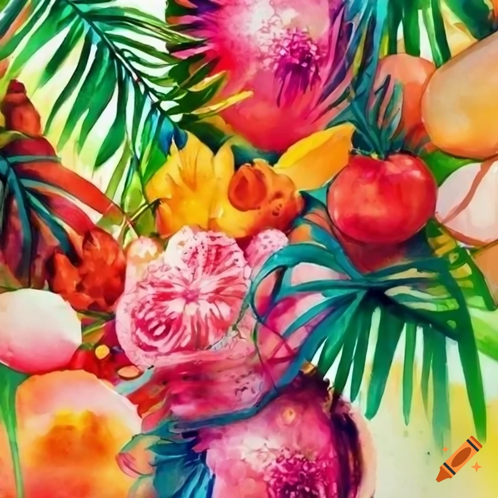 vibrant tropical wedding invitation with flowers and fruits