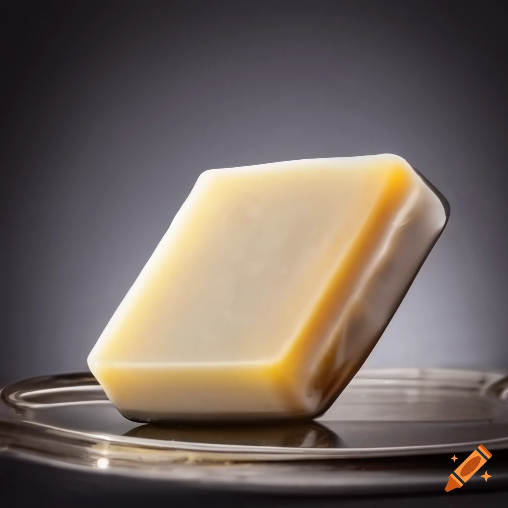 Shiny soap bar on a metal dish