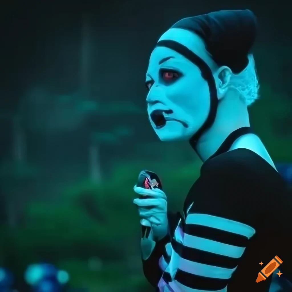 Mujer calva mime clown como alicia on the wonderland con techno dark rave