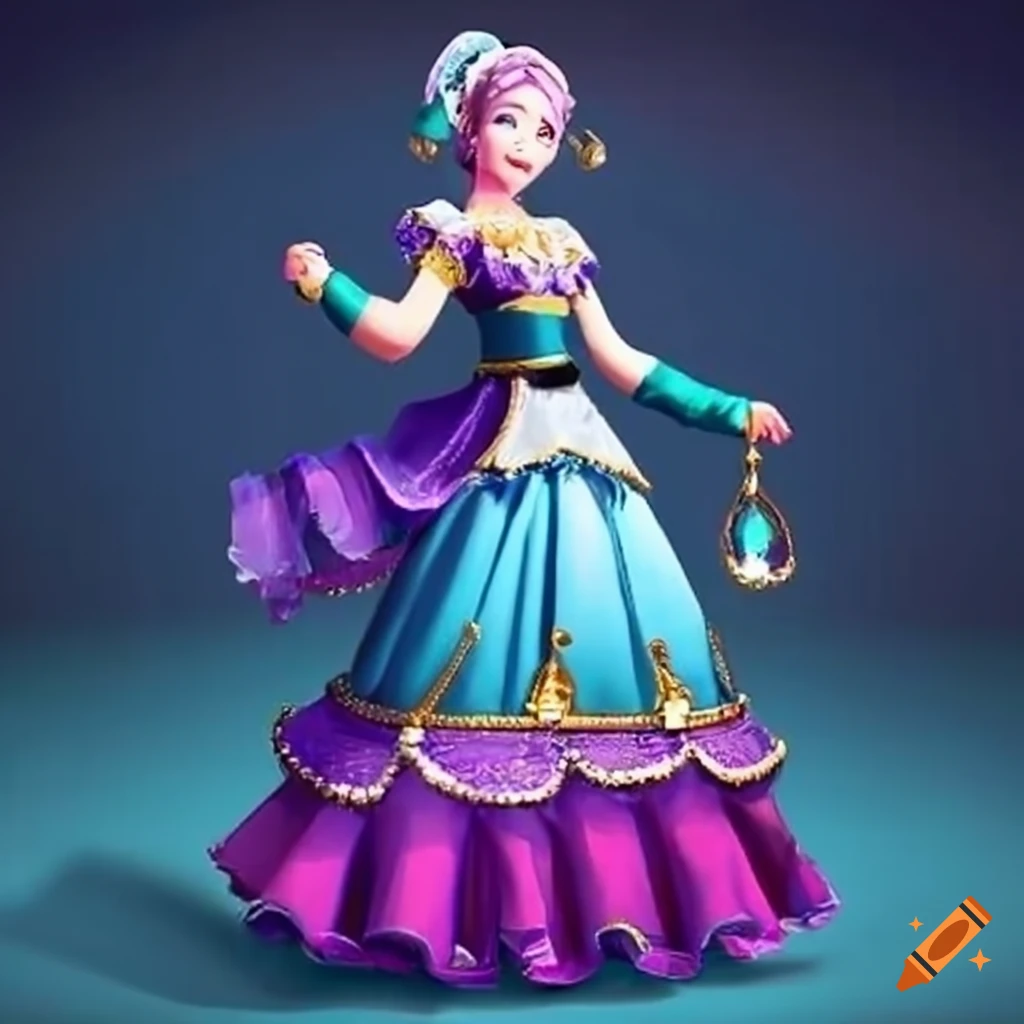 image of a cheerful genie maid in an elegant blue skirt