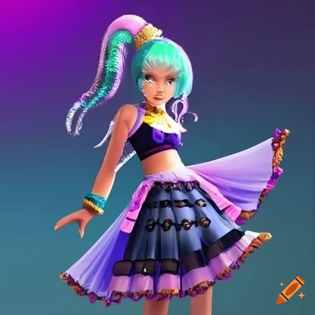 image of a cheerful genie maid in an elegant blue skirt