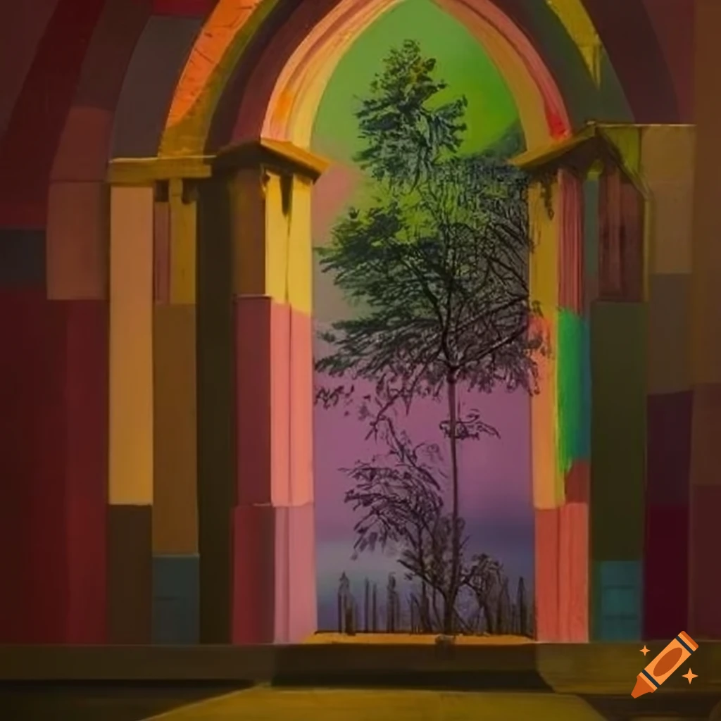 pastel artwork depicting vegetal pillars and colorful mists