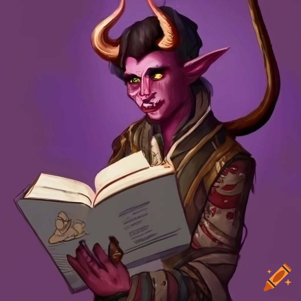 image of a young Tiefling wizard studying a book