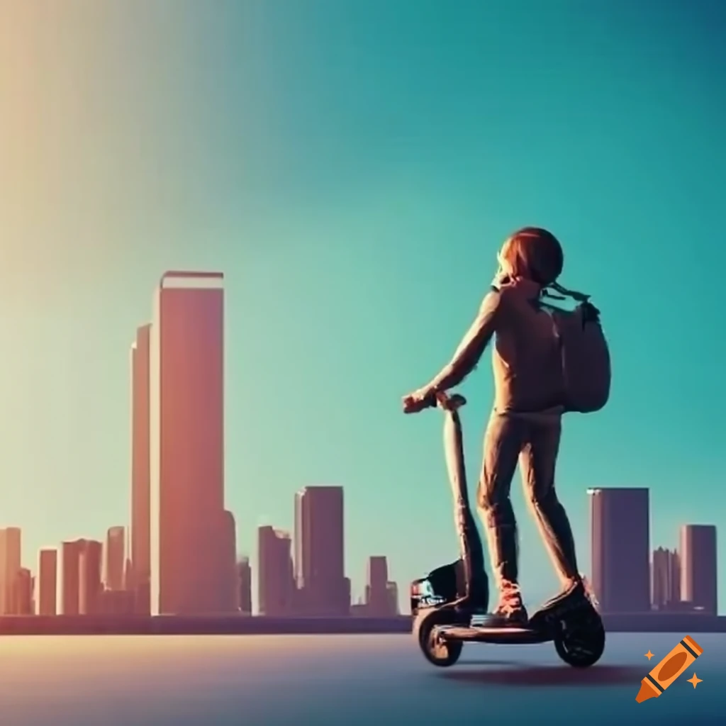 Cityscape with people riding scooters