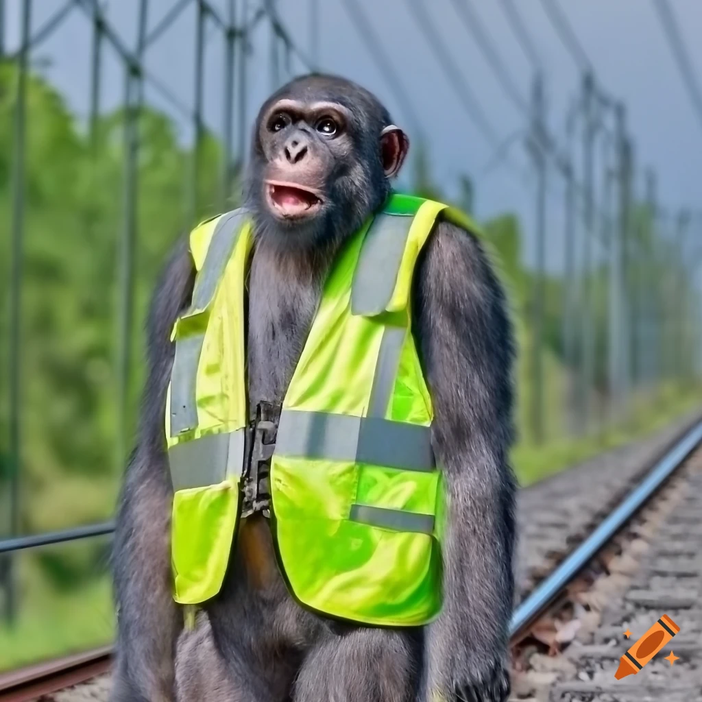 chimpanzee wearing a reflective vest and holding a wrench