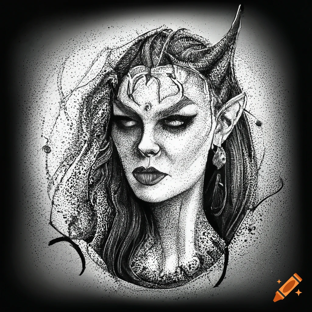 Black and white illustration of a sorceress