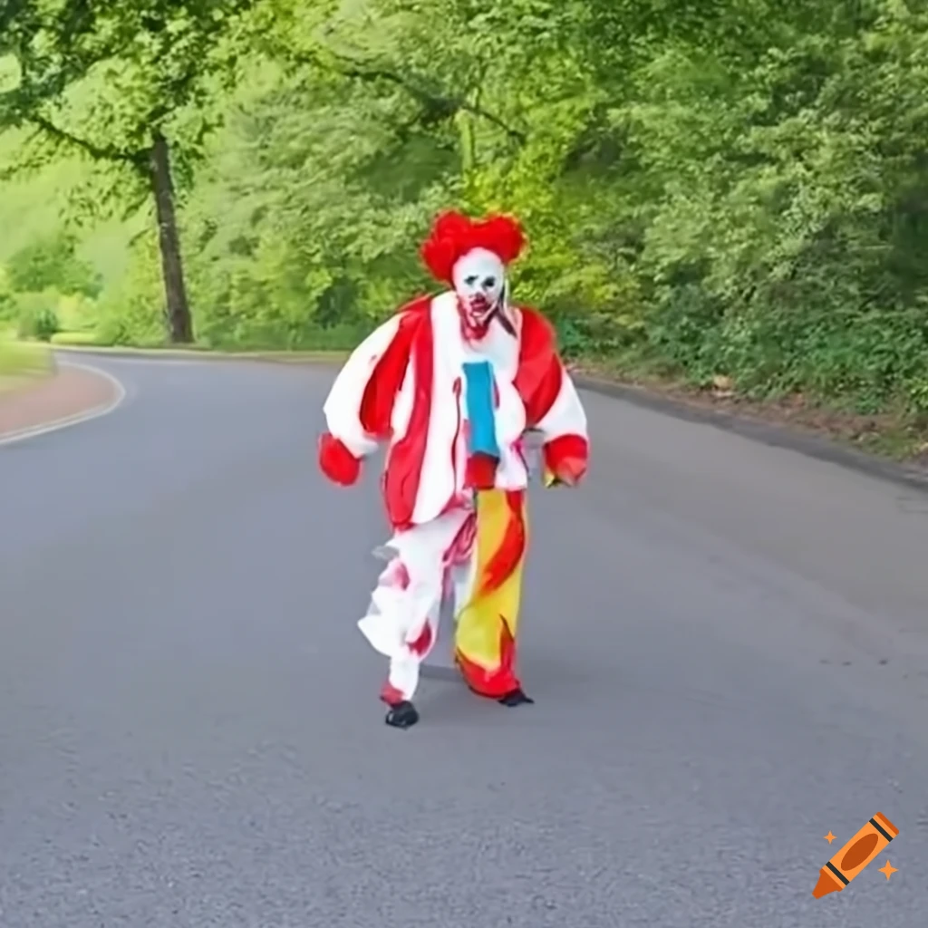 clown walking on a road