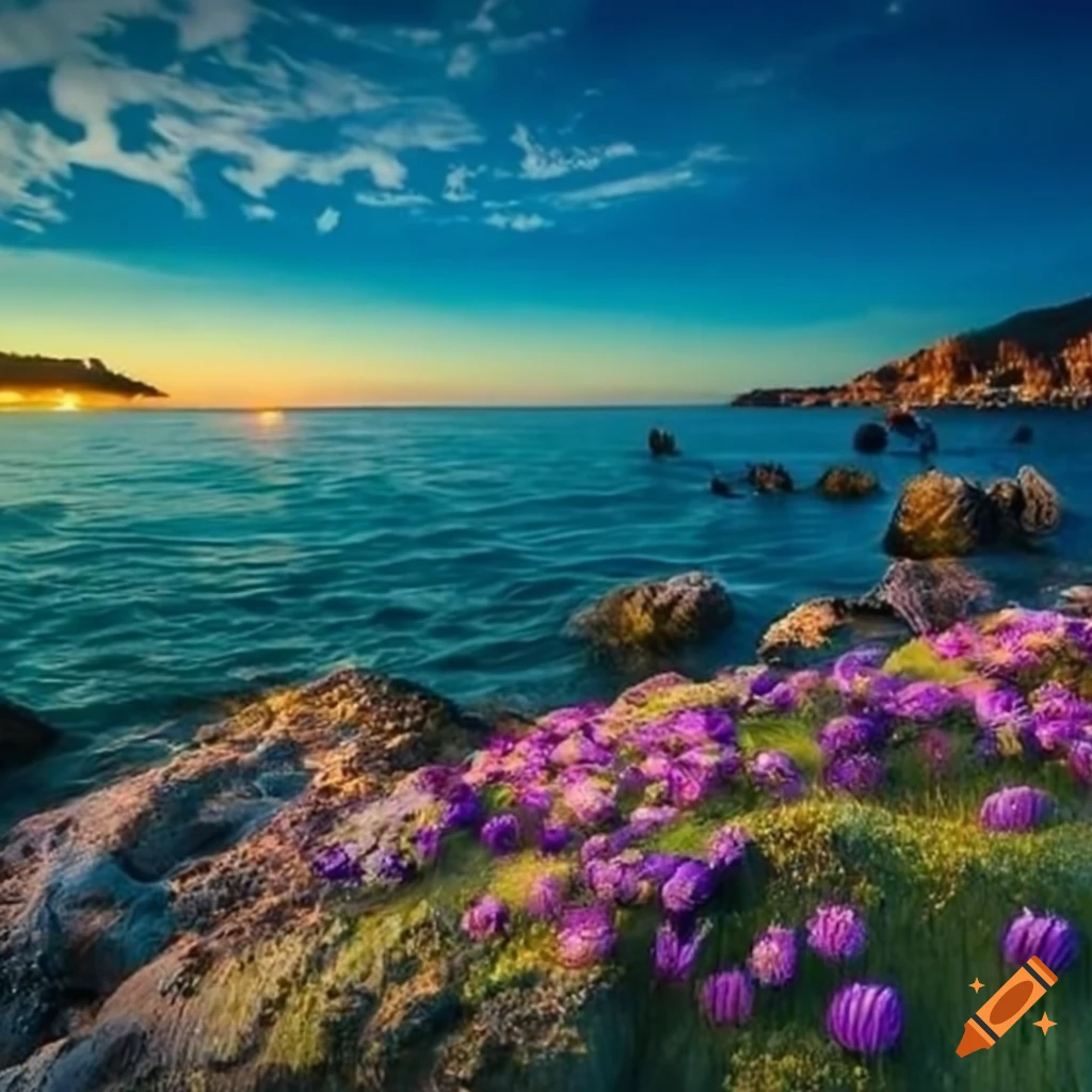 colorful flowers by the sparkling Mediterranean sea
