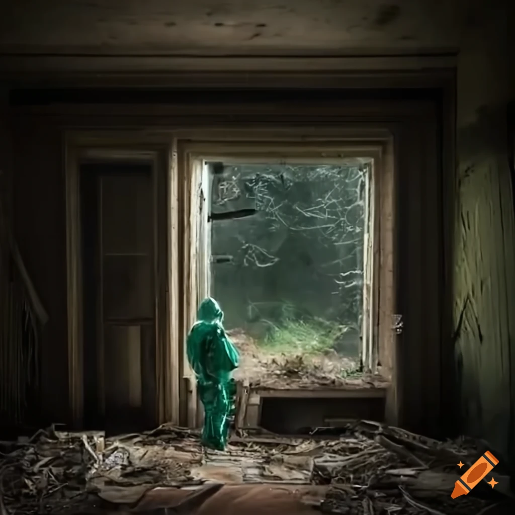 image of a man in hazmat suit in front of an abandoned house