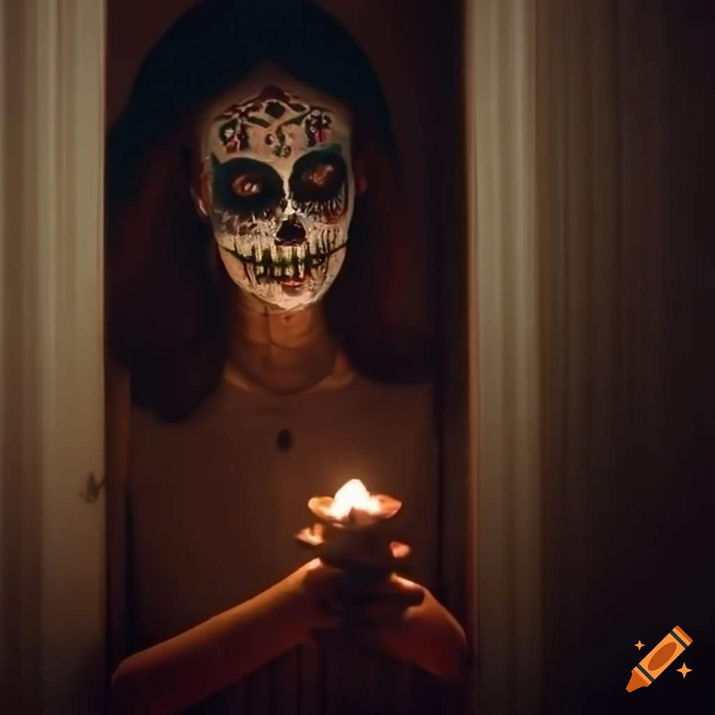 wide shot of a Dia de los Muertos scene with horror atmosphere
