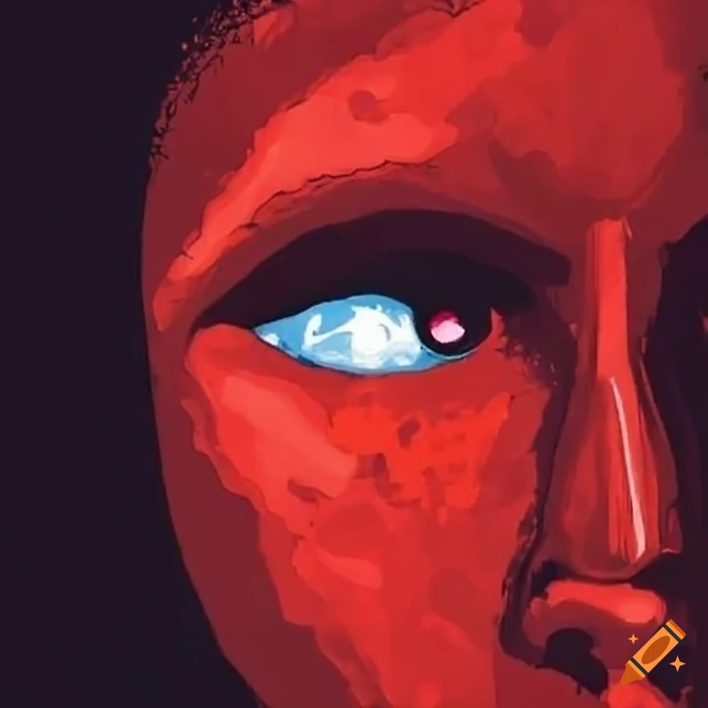 close-up of a red mask with an opera scene inside