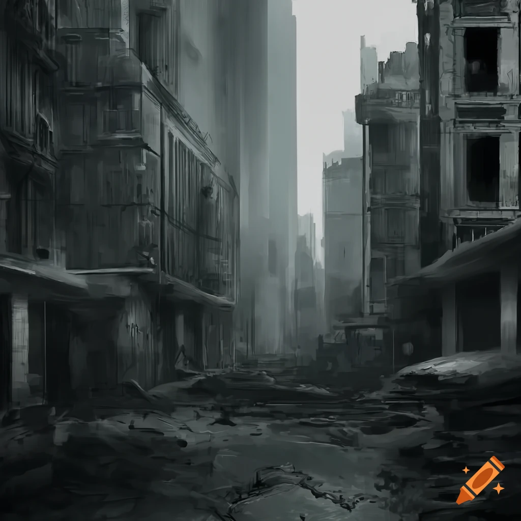 gray cityscape of a post-apocalyptic ruined city