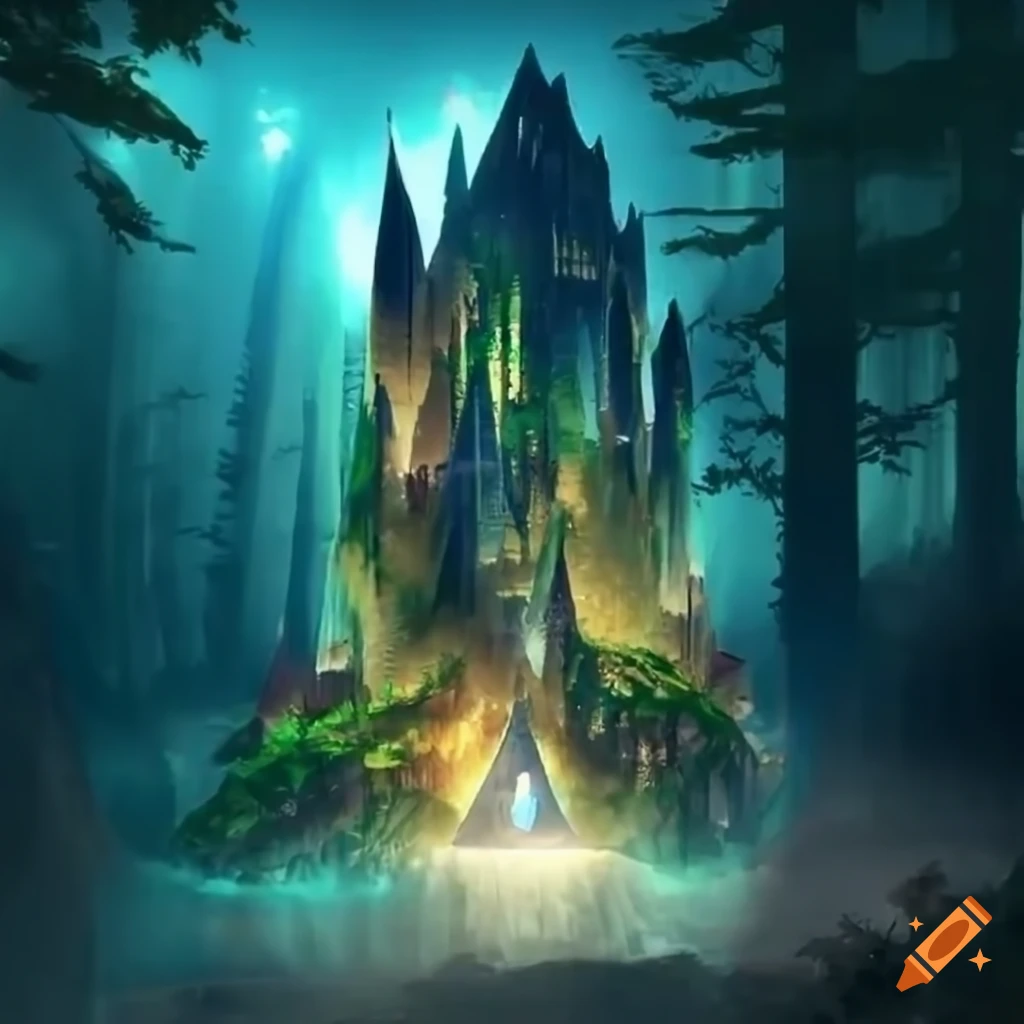 Image of a crystal tower in a forest clearing on Craiyon