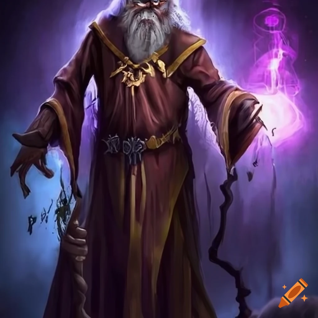 Character design of a wise old wizard with a magical sycthe on Craiyon