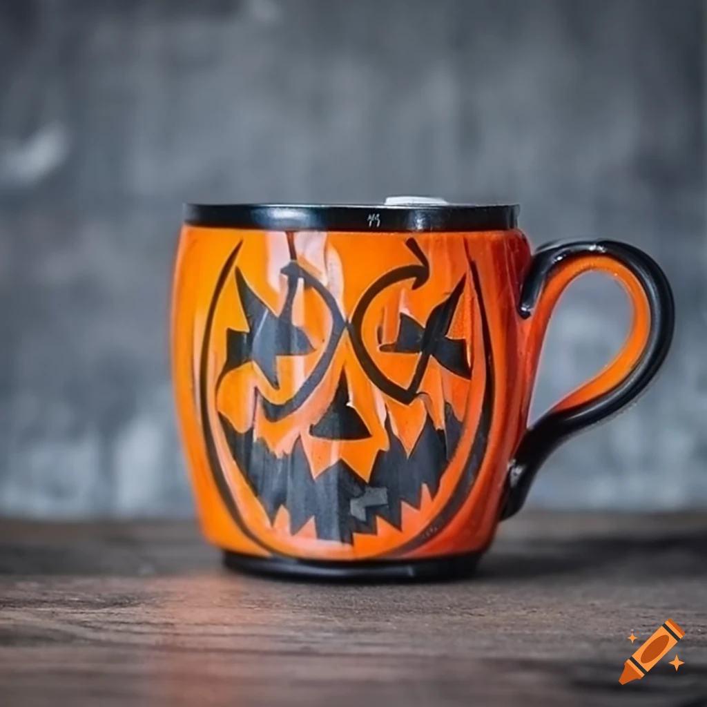 Halloween-themed mug with orange and black design
