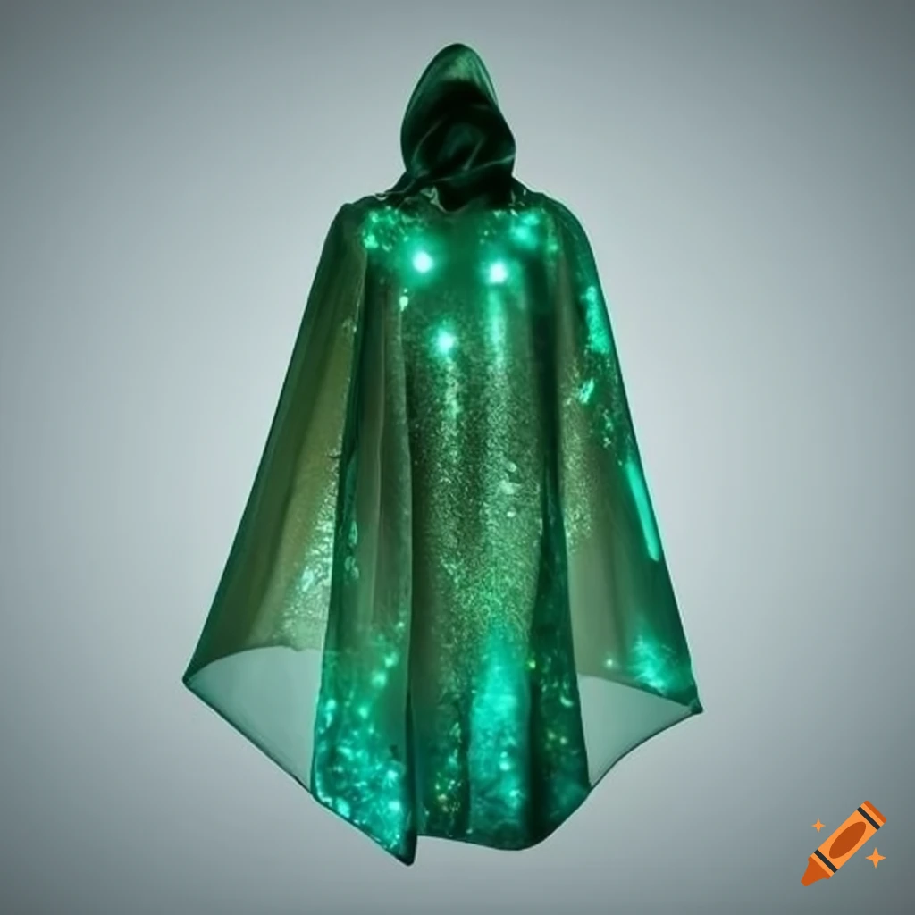 Green and gold sparkly hooded cape on Craiyon