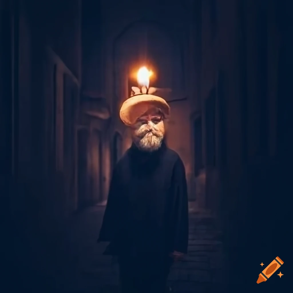 old man with a hat and candle standing in twilight street