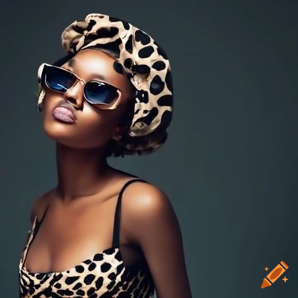 portrait of a stylish girl wearing sunglasses and a cheetah print bonnet