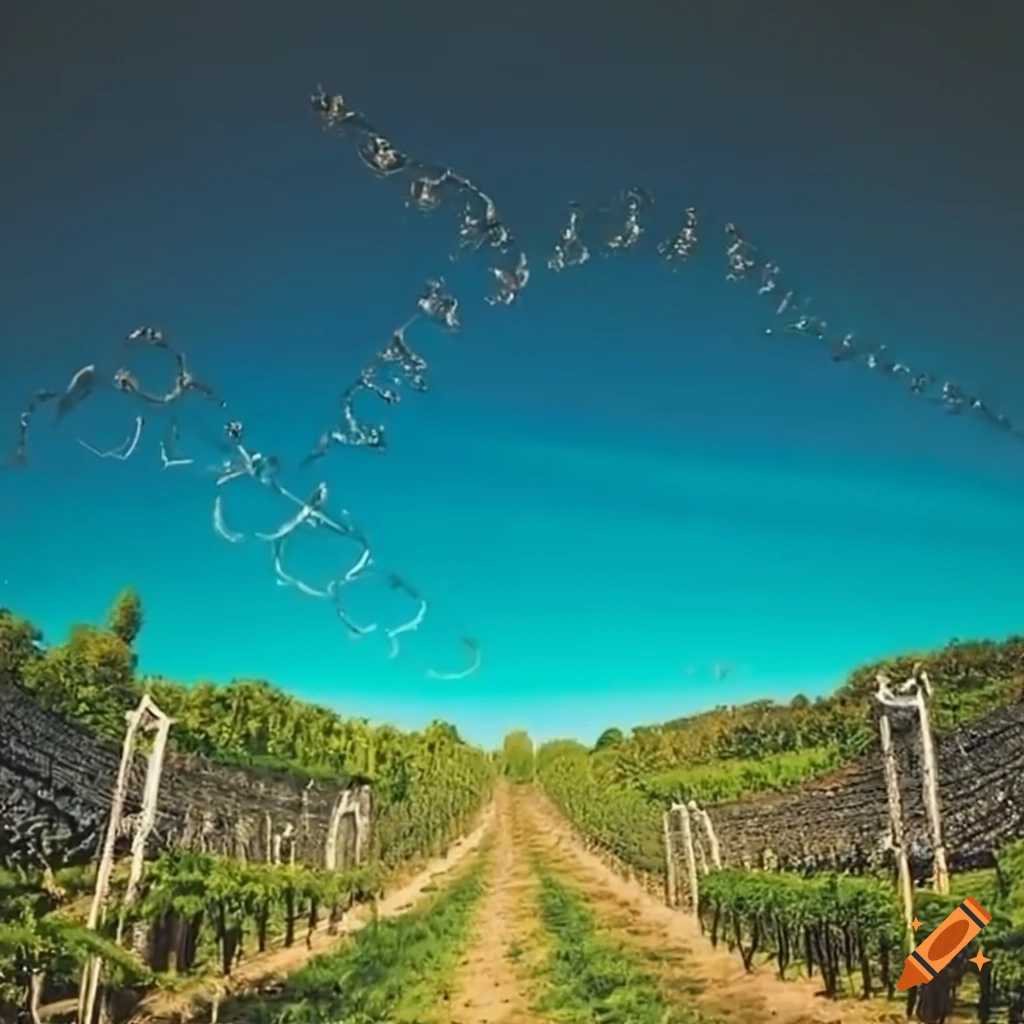vineyard with DNA double helix and drone in the sky